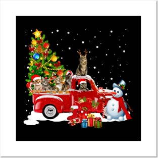 Cats Red Car Truck Christmas Tree Funny Santa T-Shirt Posters and Art